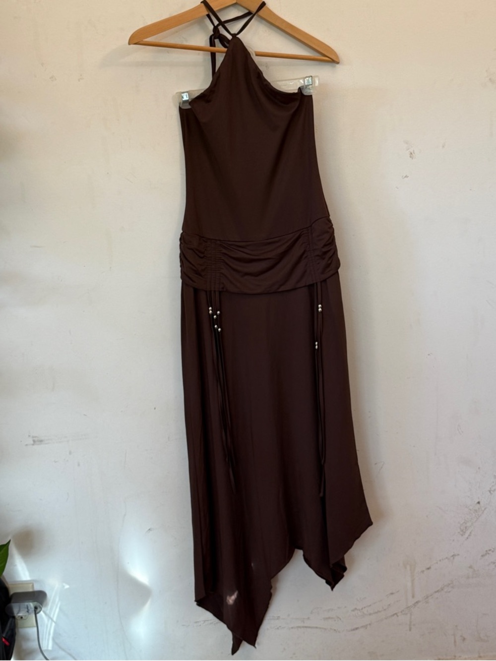 NWT Peppermayo Brown Halter Becerra Midi Dress with Asymmetric Hem S